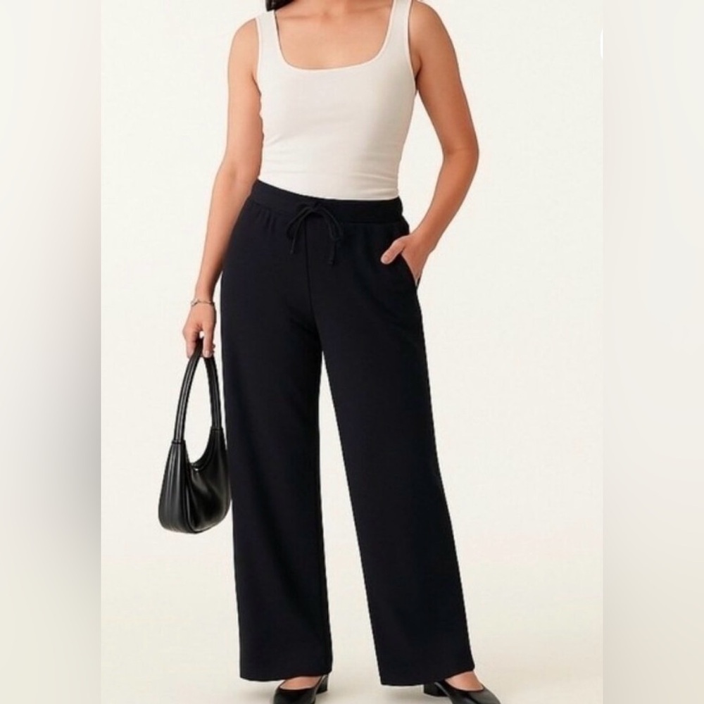 OGL High Rise Texture Ribbed Pants Size Large Black Wide Leg New Pockets Pull On